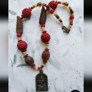 Vintage Estate Lord Shiva Mahadeva Cinnabar Beaded Necklace Hinduism Hindu Boho